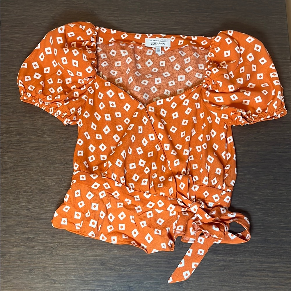 & Other Stories - Orange Puff Sleeve Wrap  Top